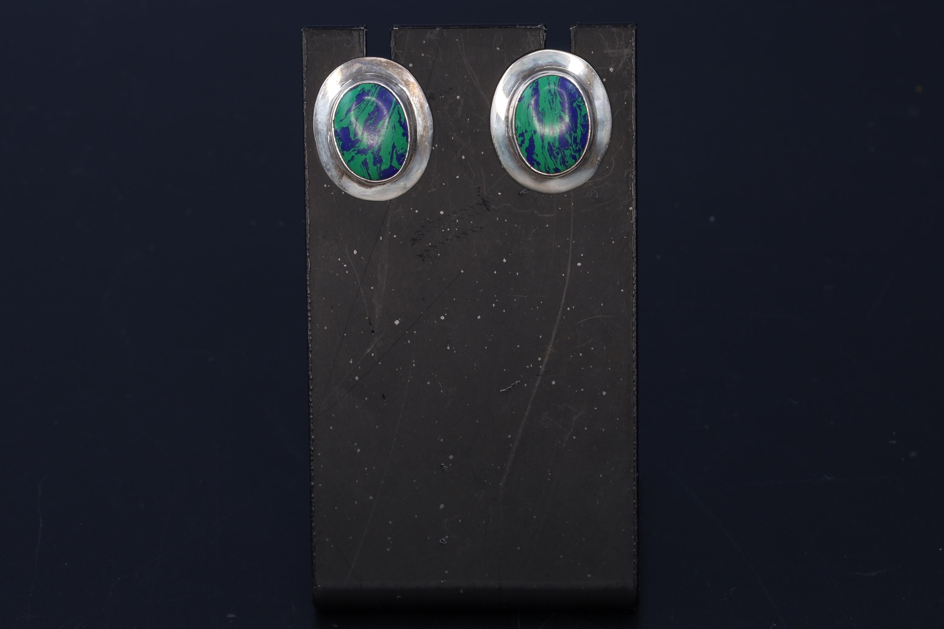 Retro Azurite Malachite Stud Earrings, Large Sterling Silver Oval Studs With Zoisite Cabochons, Retro Mid Century Jewelry Design