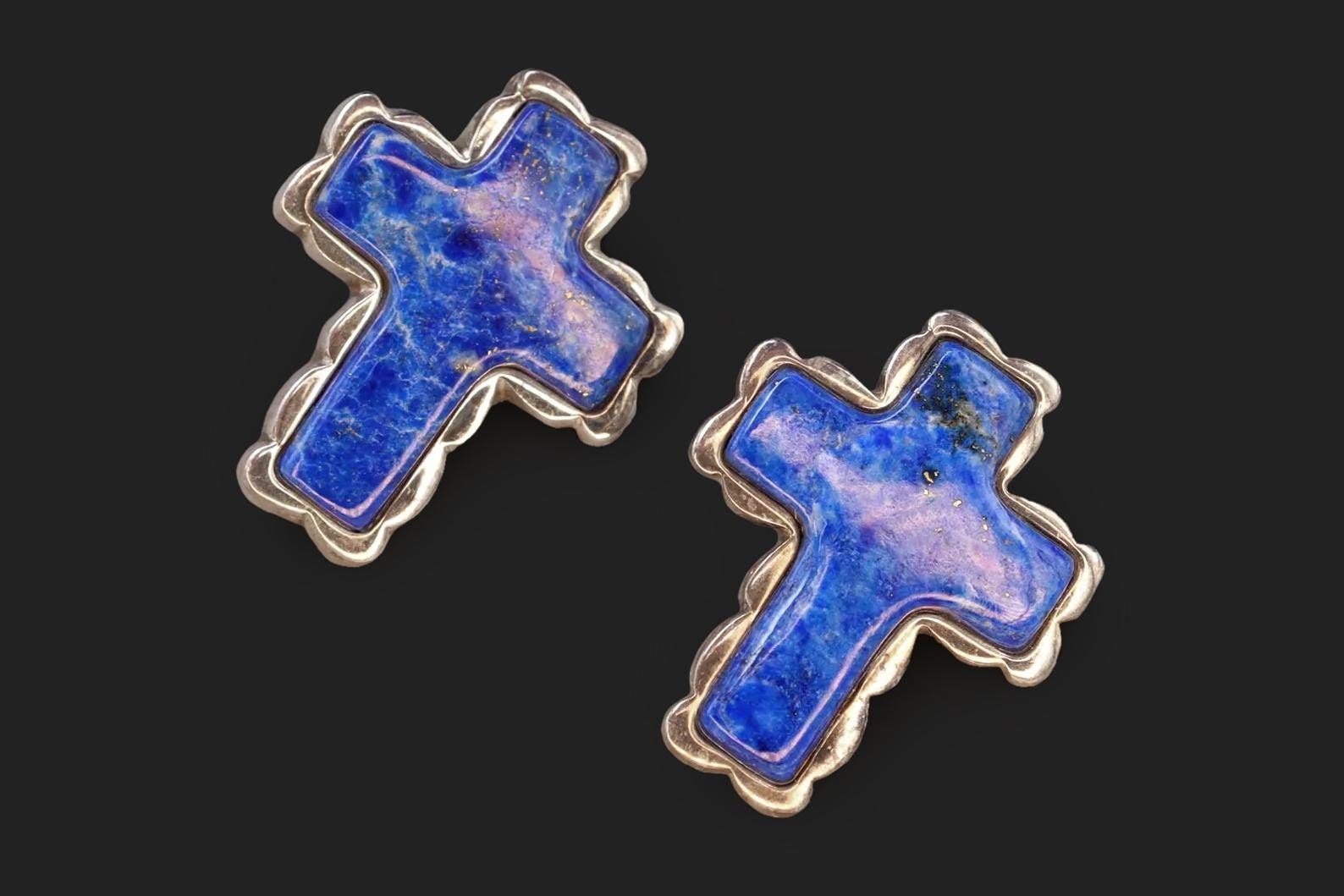 Desert Rose Jewelry, Jay King Sterling Silver And Lapis Lazuli Cross Stud Earrings, Vintage Southwestern Fashion Accessories