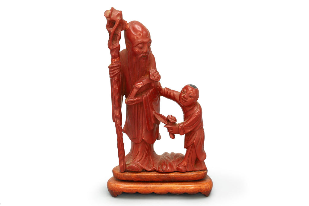 Japanese Hand Carved Wood Figure With An Old Scholar And A Young Companion Student, A Child Pupil, Buddhist Oriental Arts And Crafts