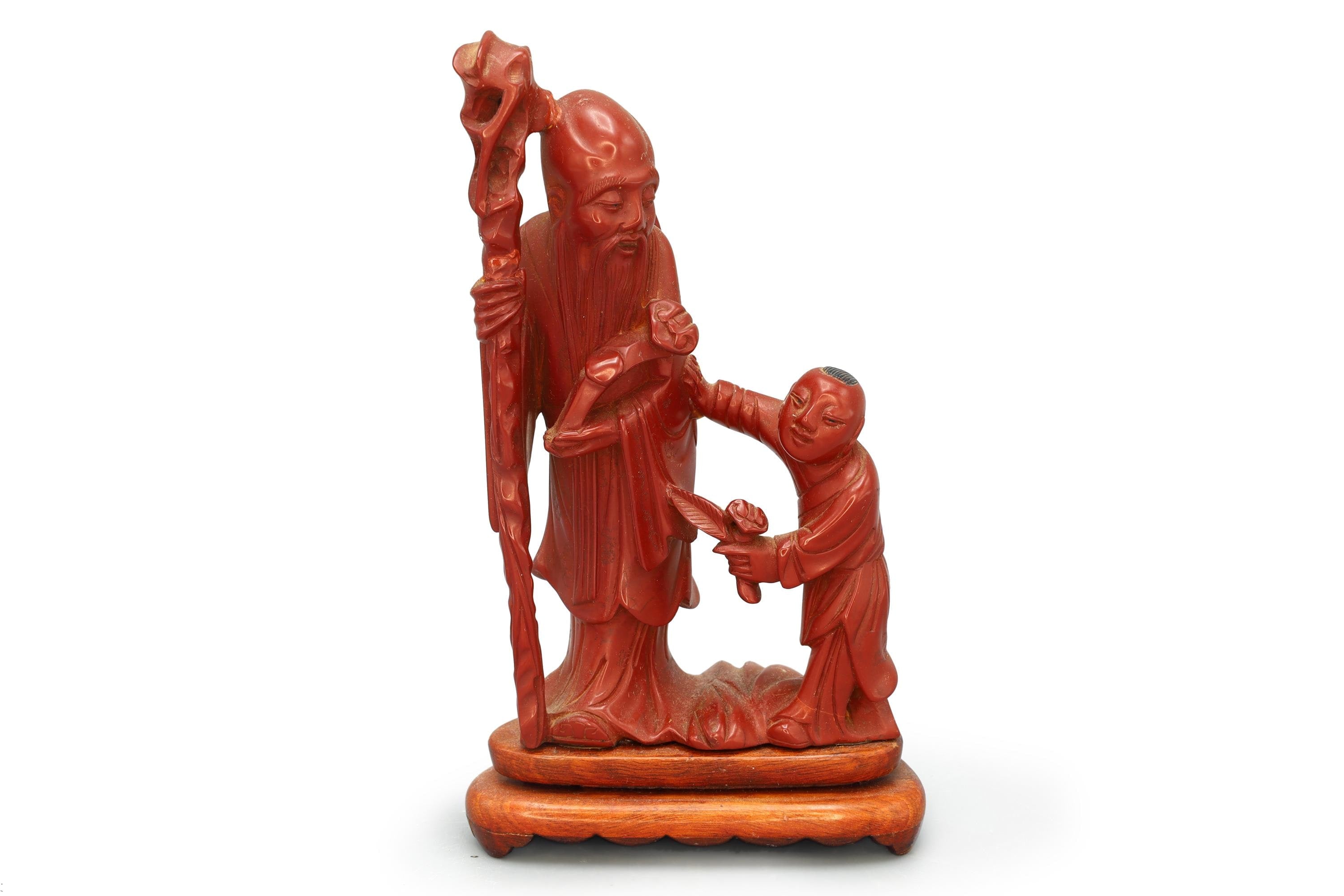Japanese Hand Carved Wood Figure With An Old Scholar And A Young Companion Student, A Child Pupil, Buddhist Oriental Arts And Crafts