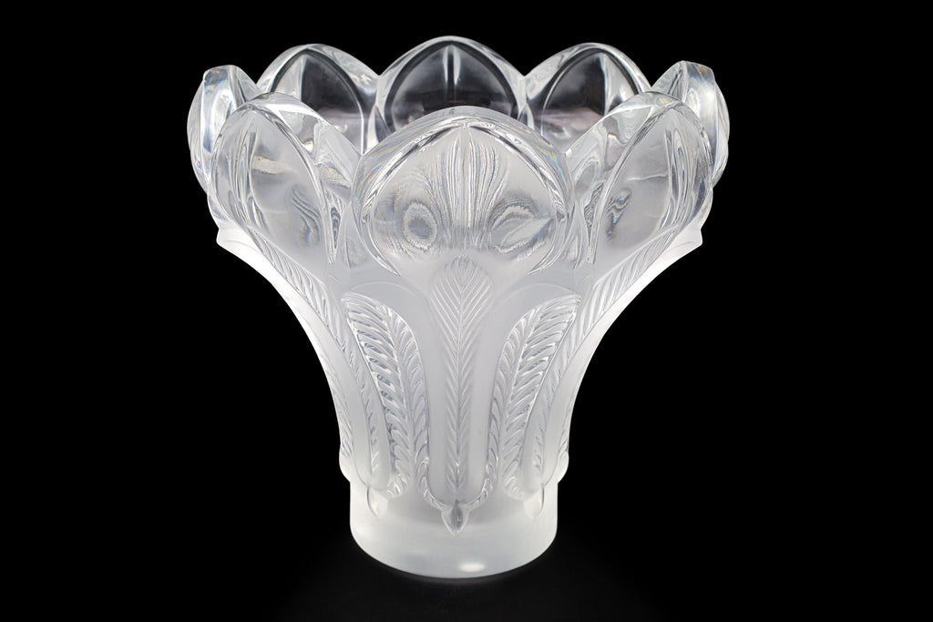 Vintage Lalique Esna Vase, Clear and Frosted Crystal Glass, 1984 Hand Signed, Peacock Feathers Vessel In Art Deco Style, Frosted Cut Glass