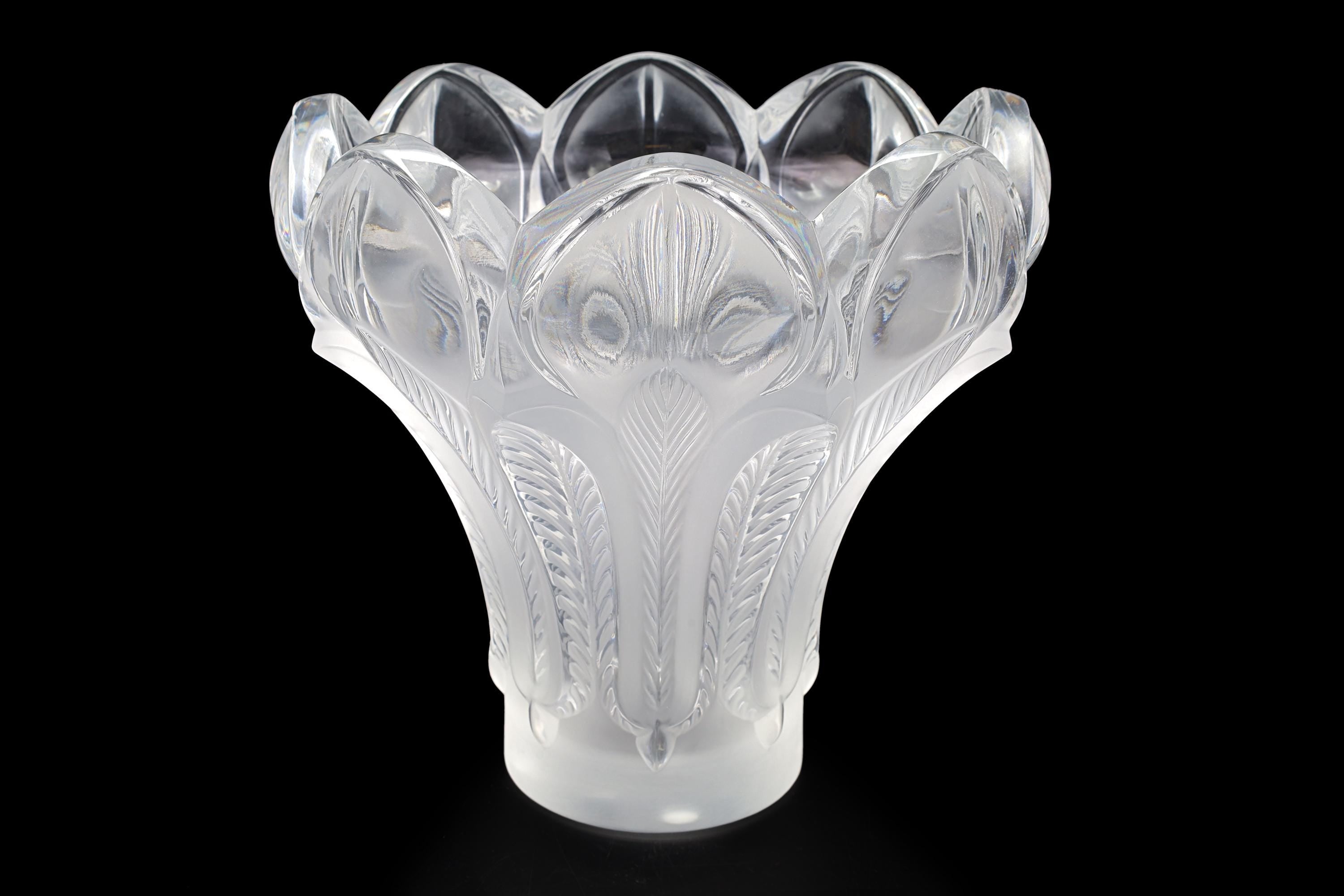 Vintage Lalique Esna Vase, Clear and Frosted Crystal Glass, 1984 Hand Signed, Peacock Feathers Vessel In Art Deco Style, Frosted Cut Glass