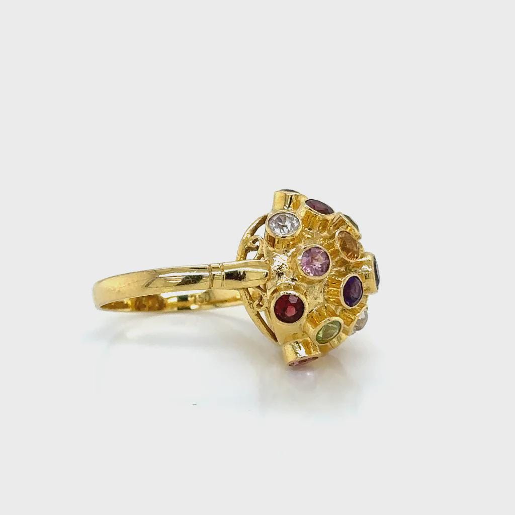 Sputnik Statement Ring For Woman, 18 Karat Yellow Gold Ring Size 6.25 With Multiple Gemstones And Avant Garde Design, Weight 5.9 Grams