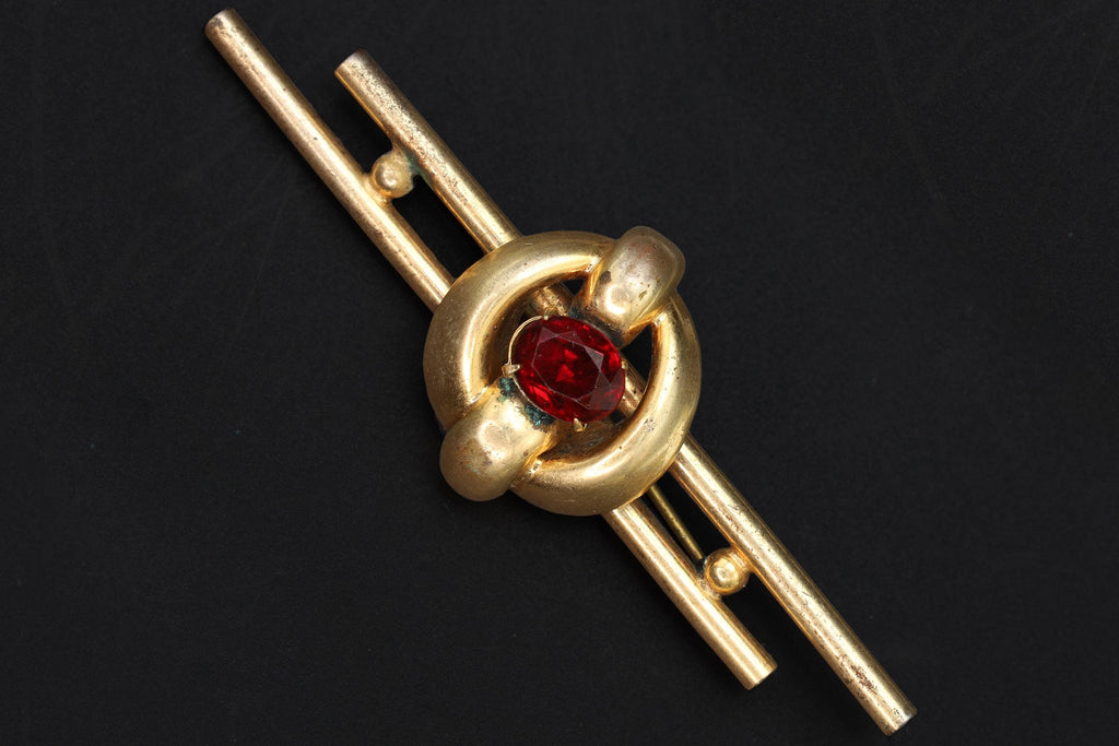Bar Brooch Pin, Gold Wash And Czech Red Faceted Glass Accent, Early 20th Century Fashion Accessories, An Art Deco Jewelry Piece Ca 1910s