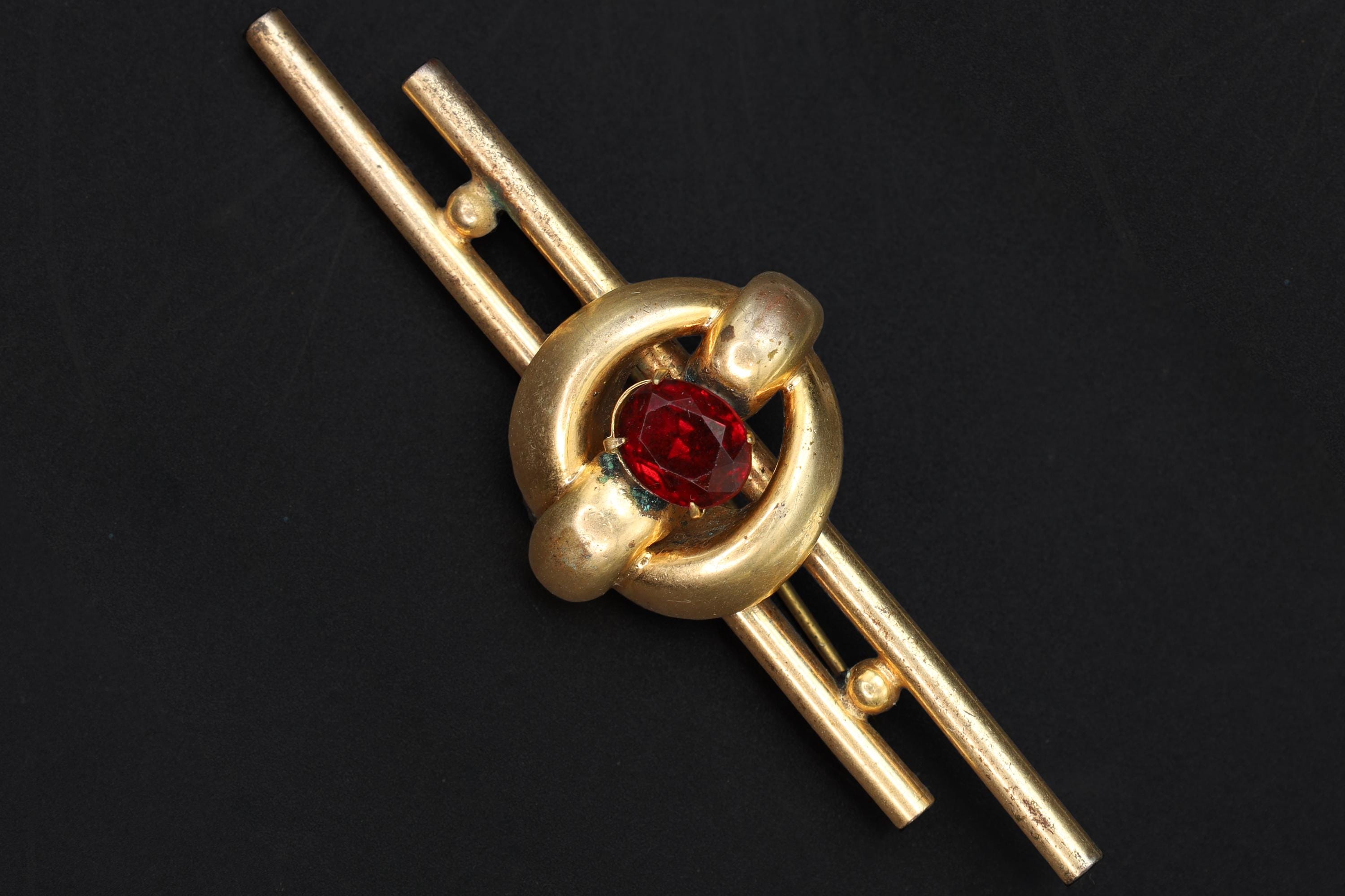 Bar Brooch Pin, Gold Wash And Czech Red Faceted Glass Accent, Early 20th Century Fashion Accessories, An Art Deco Jewelry Piece Ca 1910s