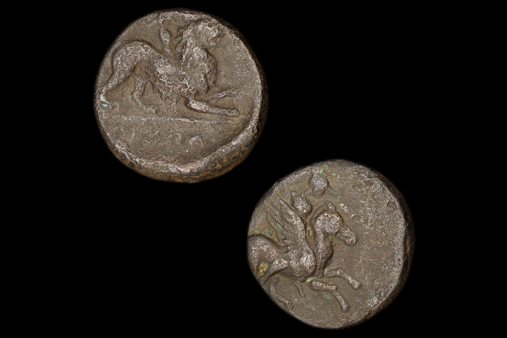 RARE Akarnania Leukas, AR Bronze Coin Circa 350 To 330 BCE, Bellerophon Riding Pegasus, Chimaera Monster, Ancient Collectibles Numismatics