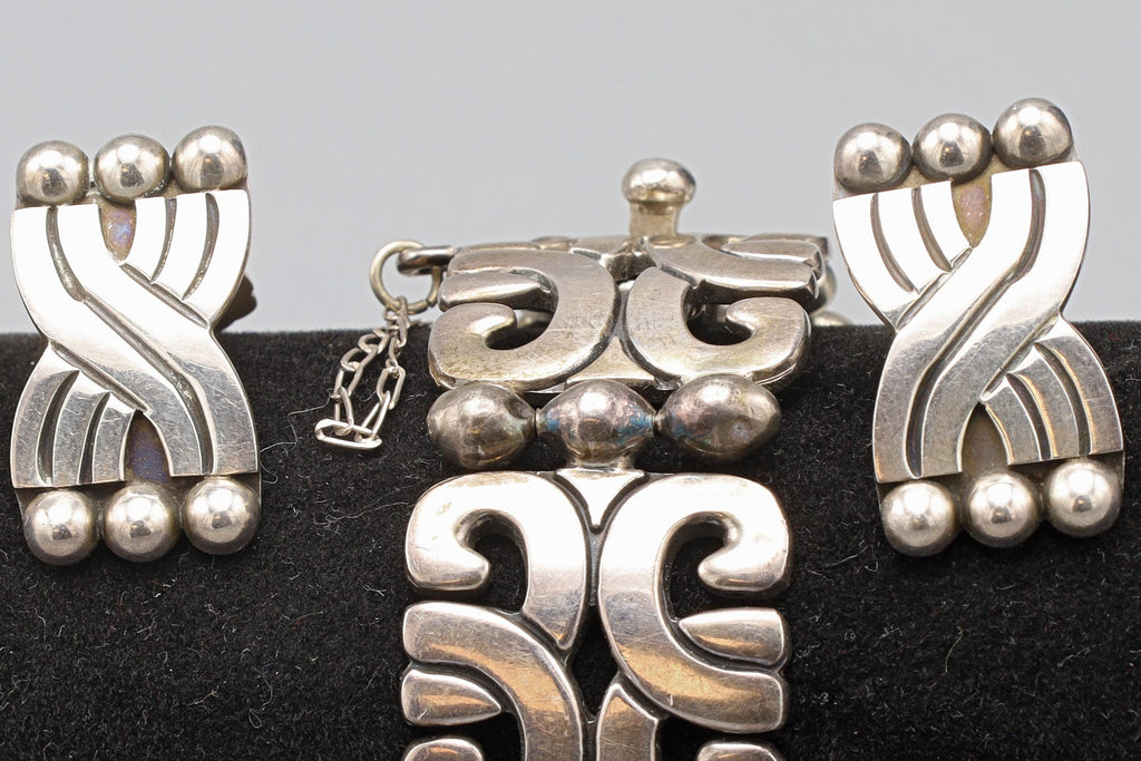 Vintage 1970s, Taxco Mexico Jewelry Group With Panel Link Bracelet And Clip-on Earrings, Art Deco Revival, Aztec Mayan Style, JLF And MWS