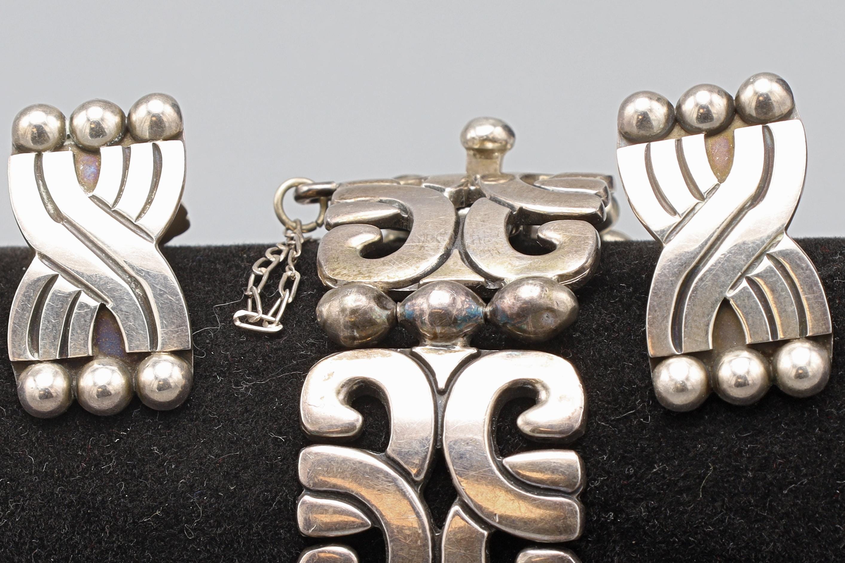 Vintage 1970s, Taxco Mexico Jewelry Group With Panel Link Bracelet And Clip-on Earrings, Art Deco Revival, Aztec Mayan Style, JLF And MWS