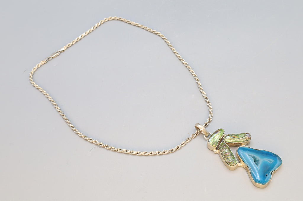 Vintage Sterling Silver Pendant Necklace, Blue Druzy Quartz And Freshwater Pearls In A Modernist Setting, Fashion Accessories And Jewelry
