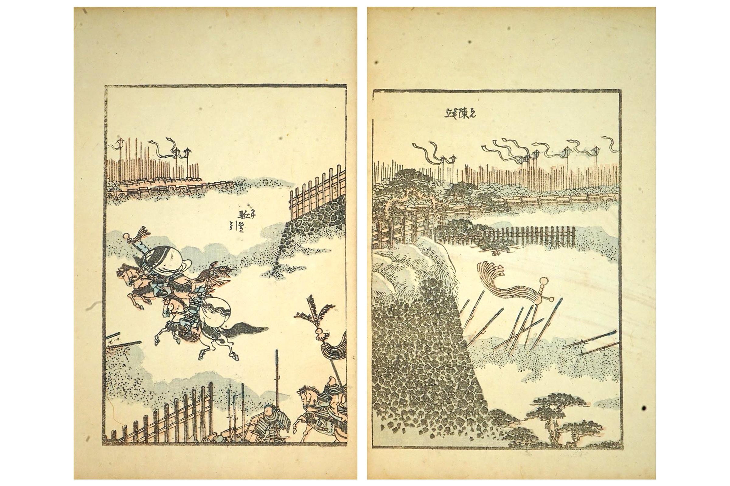 Katsushika Hokusai, Late 18th Century Woodblock Art Print, Shogun Battle Scenes From The Gafu Album, Japanese Ukiyo-e Book Pages