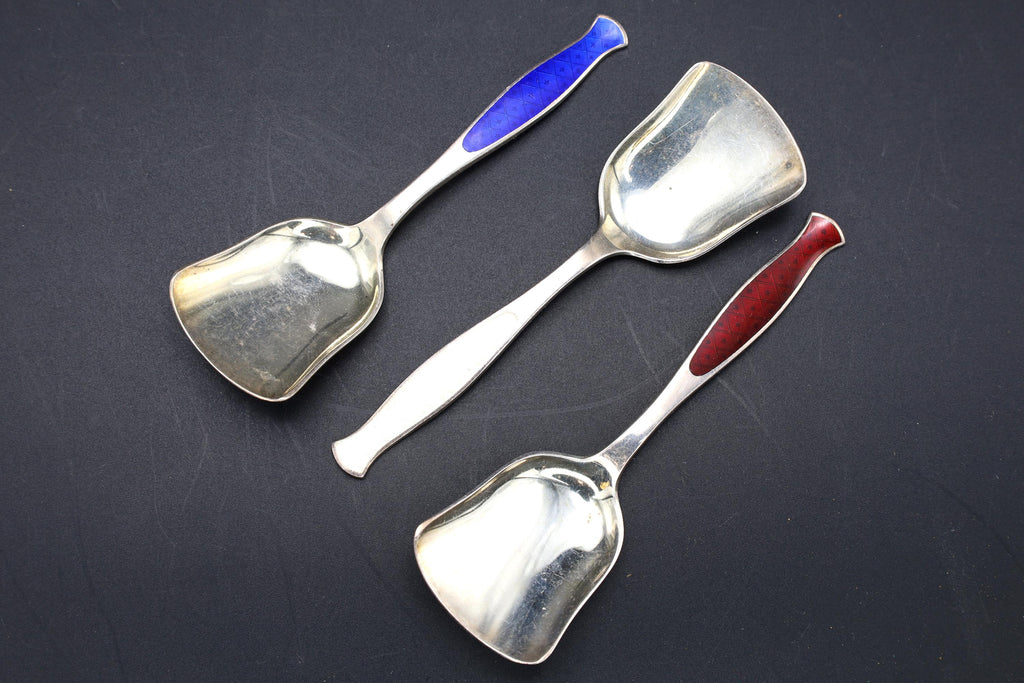 Denmark Guilloche And Sterling Silver Sugar Spoons, Group Of 3 Units, Scandinavian, Mid Century Cutlery Flatware Tableware Decor
