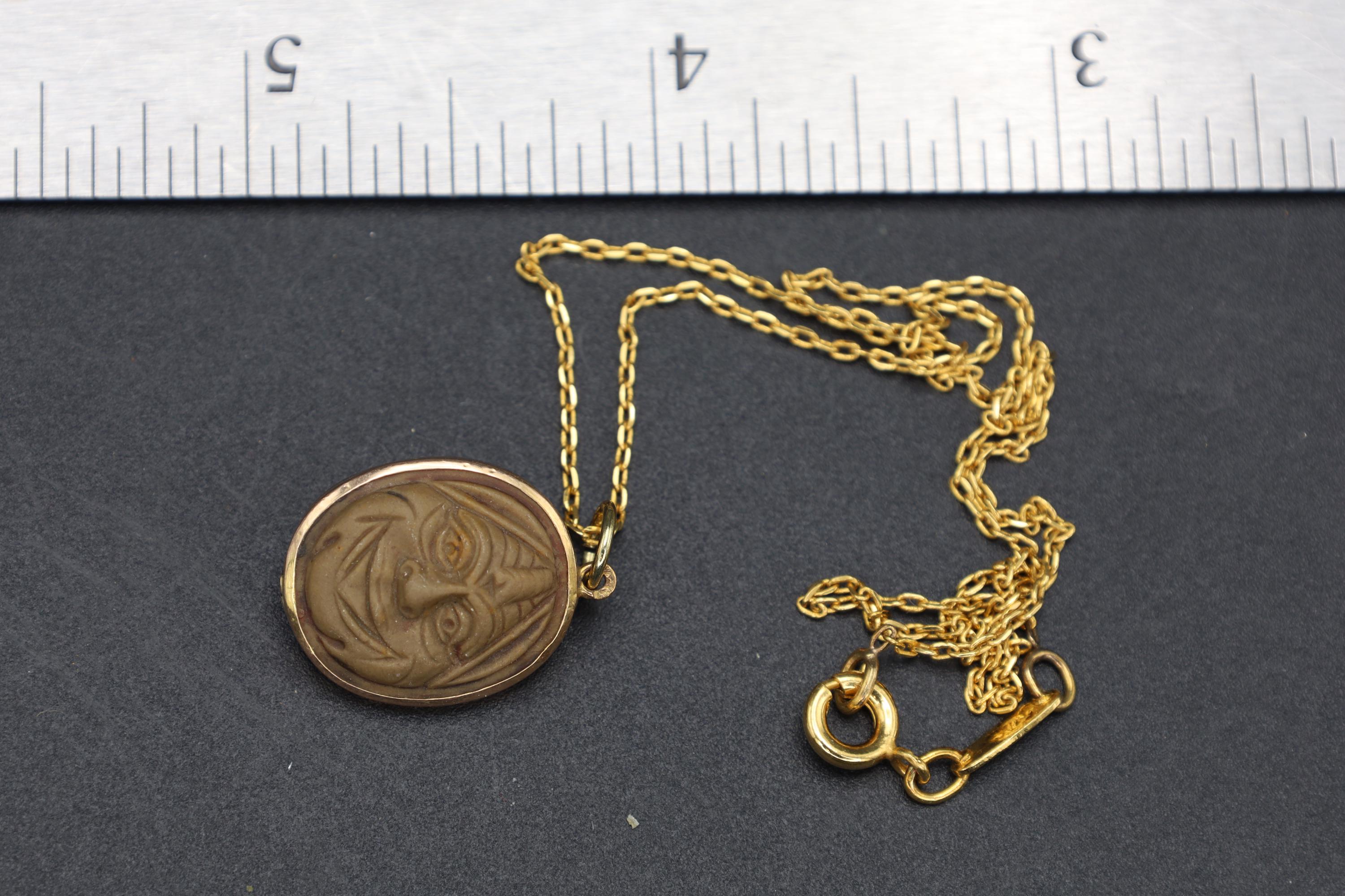 Carved Volcanic Lava Cameos On 13 Karats Rose Gold Pendant, Medusa Gorgoneion And Female Patrician, Gold Wash Chain, Grand Tour Jewelry