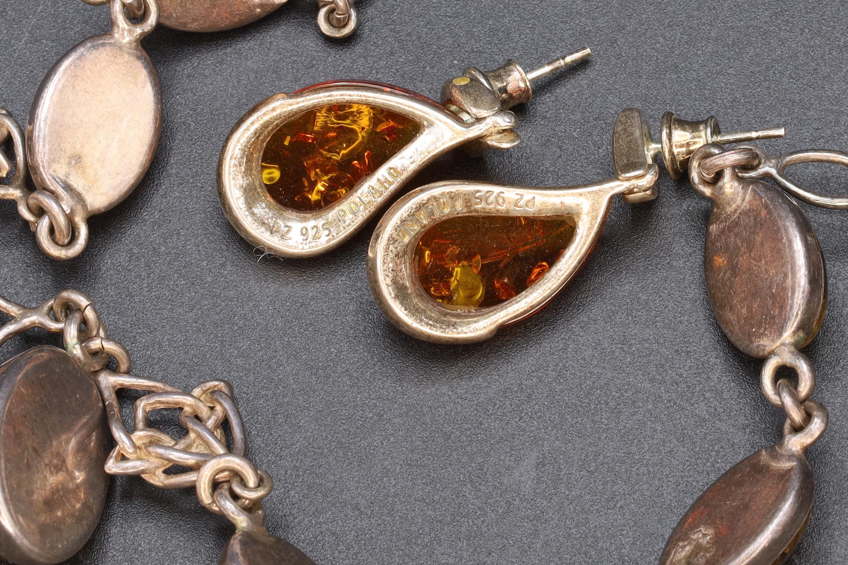 Baltic Amber And Sterling Silver Jewelry Set Arrangement, Irish Celtic Knot Necklace, Poland Drop Earrings, Vintage 1990s Modernist Design