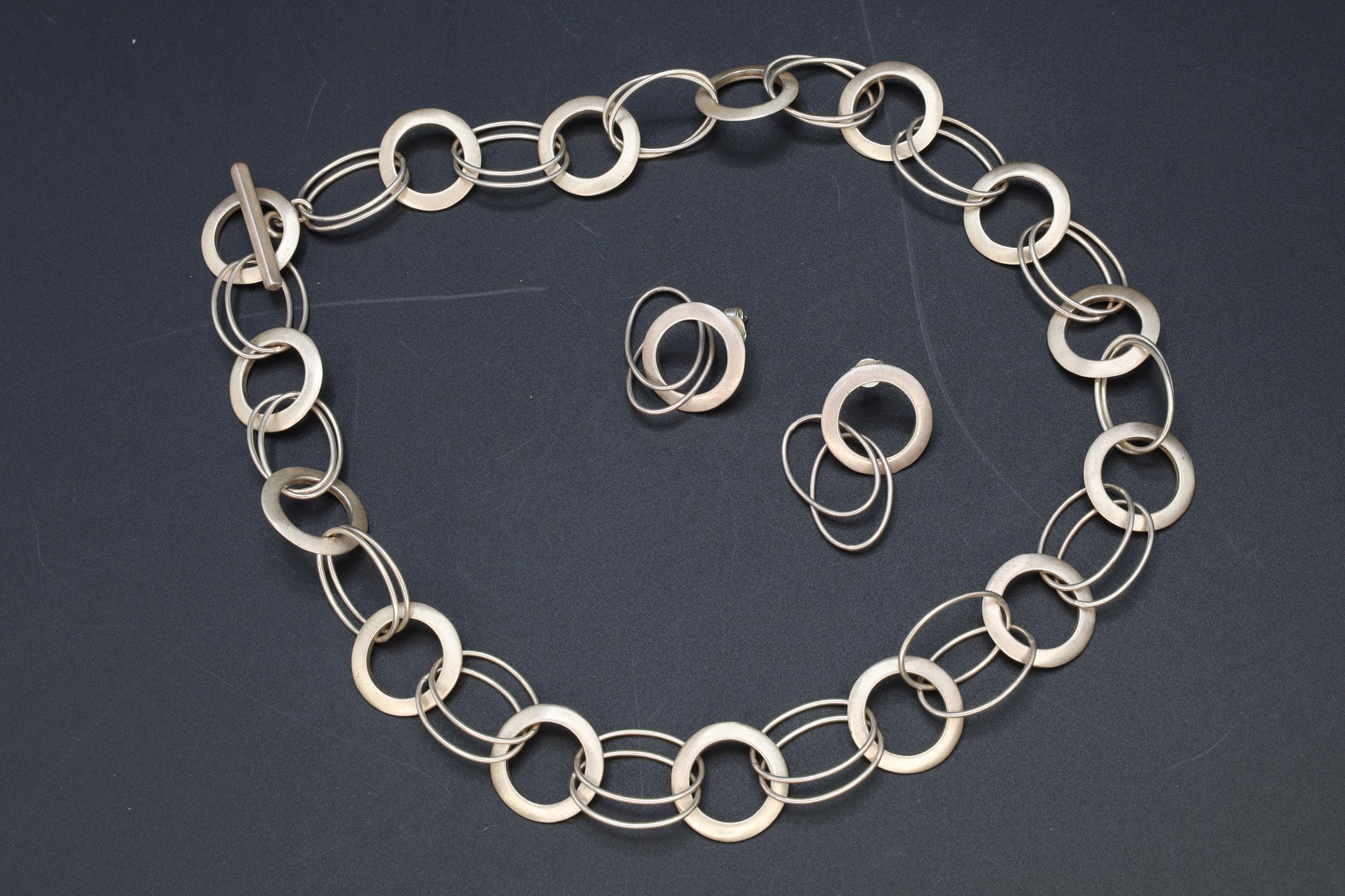 Modernist Rings Bold Chain Necklace And Earrings, A Jewelry Set Made In Italy, 925 Sterling Silver, Retro Vintage Fashion Accessories