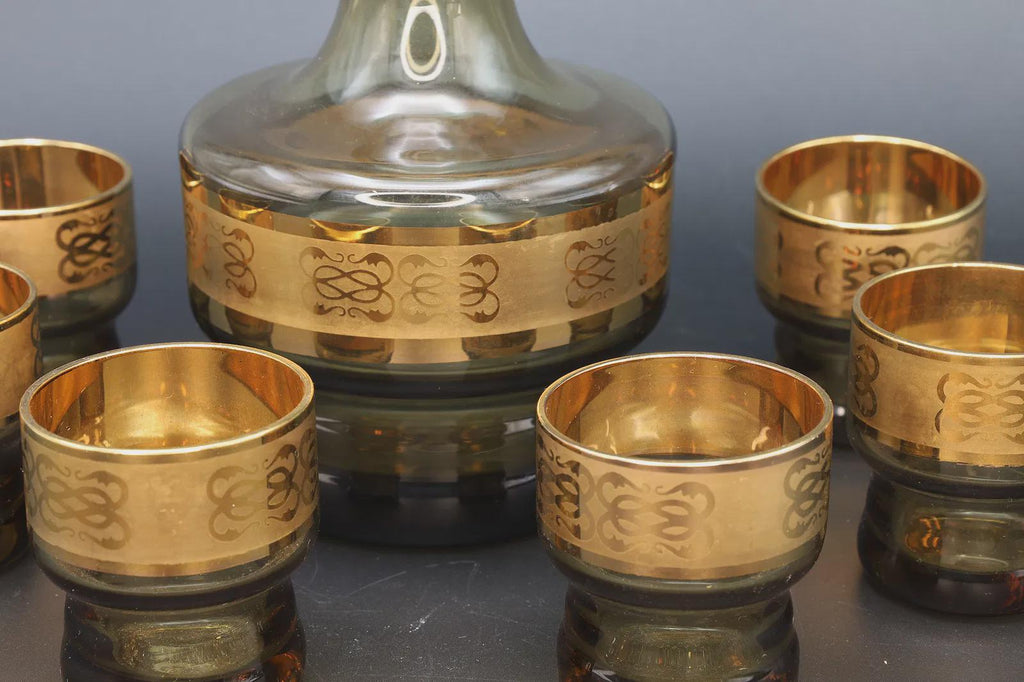Vintage 1970s Czech Bohemia Decanter Bottle With Six Shots Glasses, USSR Soviet Era Smoky Glass And 24 Karats Yellow Gold Overlay
