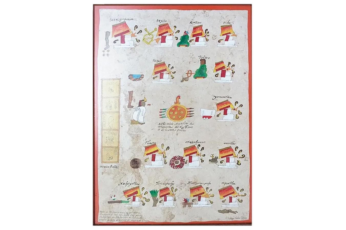 Aztec Pictograph Codex Page, A Handmade Copy By Archaelogist Julio Jorge Celis Polanco, Prehispanic Mexico, Precolumbian Antiquities Art