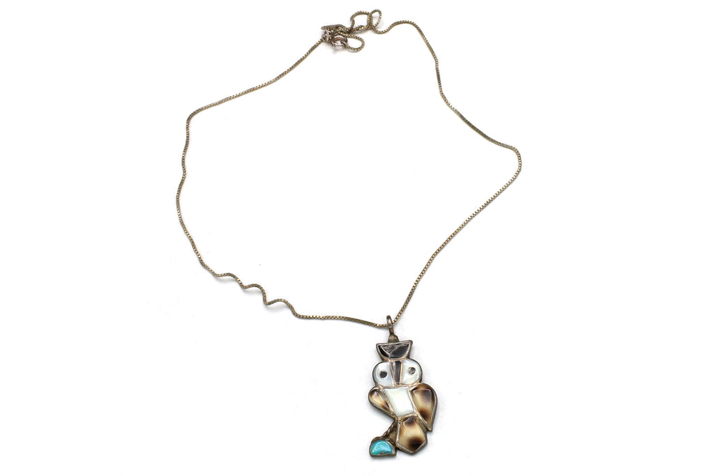 Zuni Owl Bird Pendant Necklace, Mosaic Multistone Inlay, Turquoise, MOP, Onyx On Sterling Silver, Native American Fashion Accessories