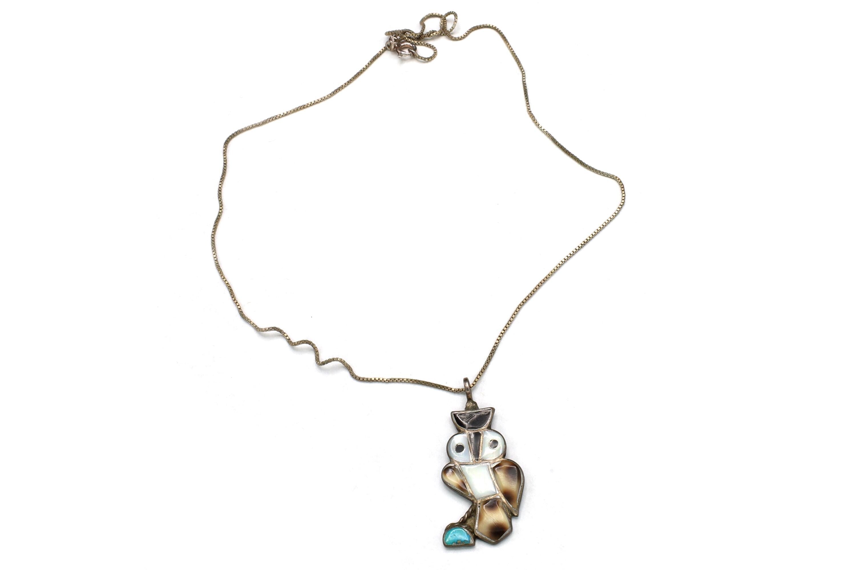 Zuni Owl Bird Pendant Necklace, Mosaic Multistone Inlay, Turquoise, MOP, Onyx On Sterling Silver, Native American Fashion Accessories