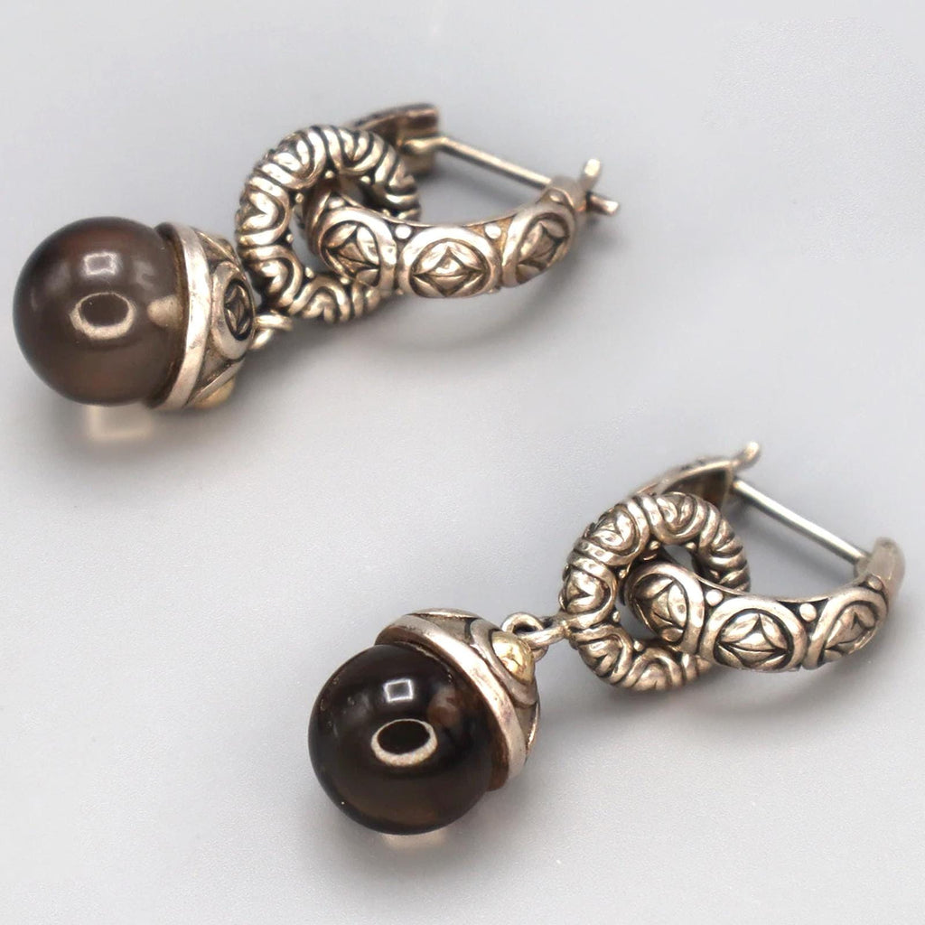 Vintage Jewelry, A 925 Sterling And 14 karats Yellow Gold Earrings, Round Smoky Quartz Ball Accent, Dangle Hook Earrings