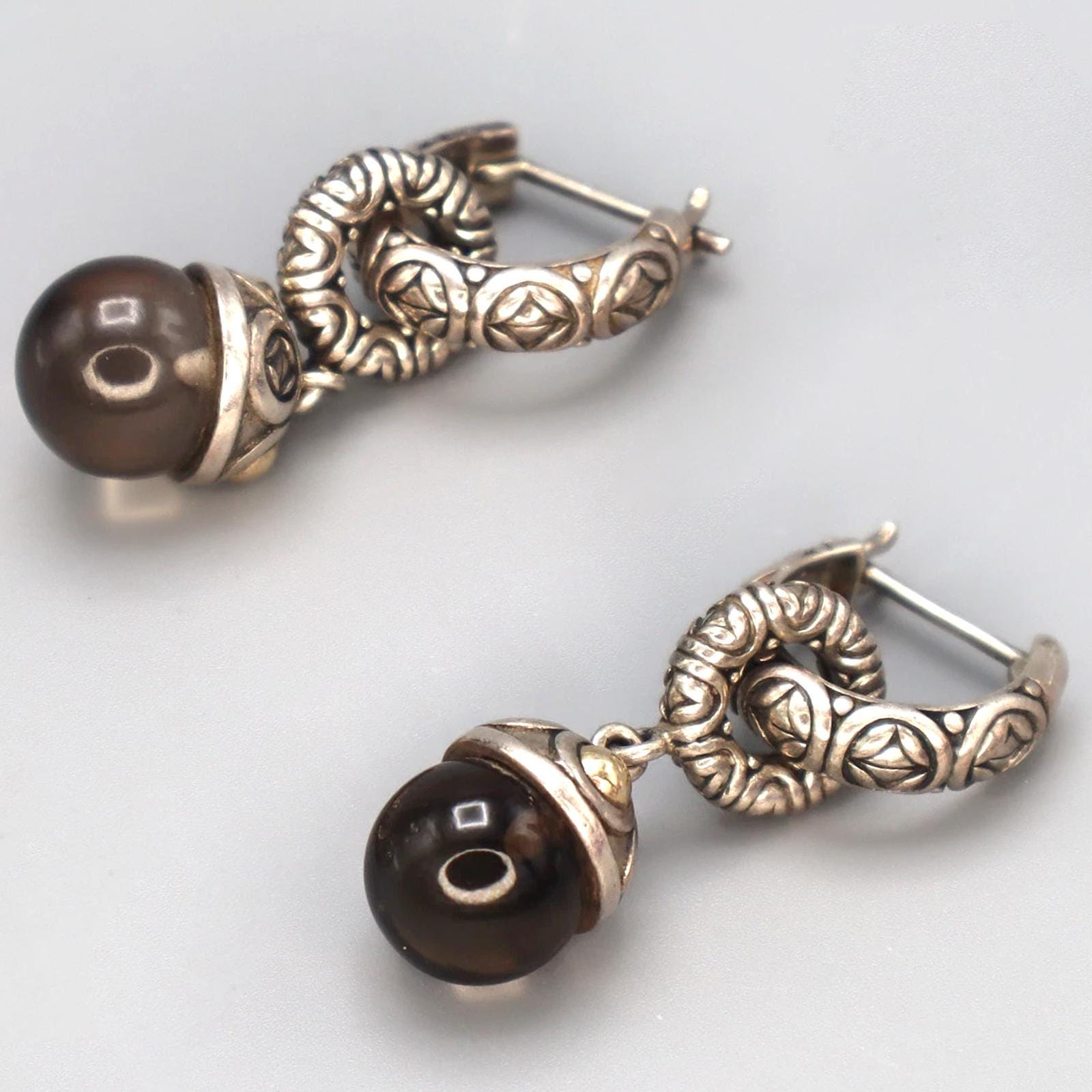 Vintage Jewelry, A 925 Sterling And 14 karats Yellow Gold Earrings, Round Smoky Quartz Ball Accent, Dangle Hook Earrings