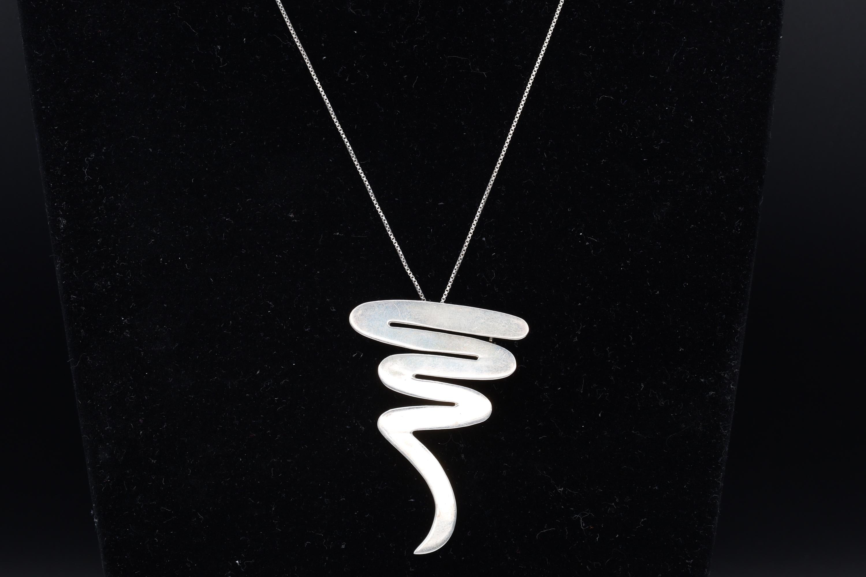 Scribble Or Zig Zag, Taxco Mexico Jewelry Set, Pendant Necklace, Brooch, Matching Earrings, Modernist Jewelry Designs, 925 Sterling Silver