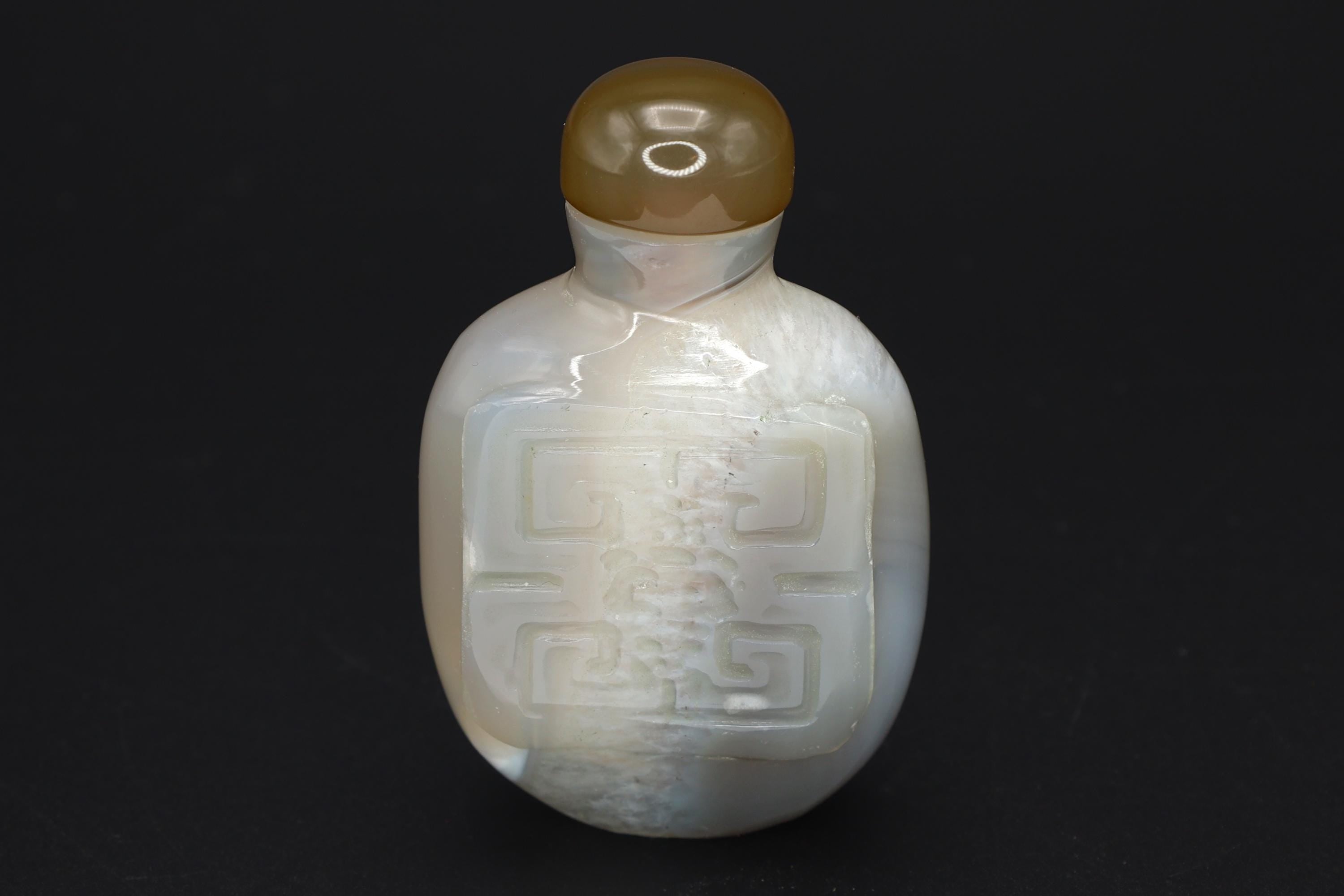 Vintage Early 20th Century Snuff Bottle, Shouxing God On Carved Agate Stone, Perfume Bottle. Asian Oriental Arts Tobacciana Collectibles