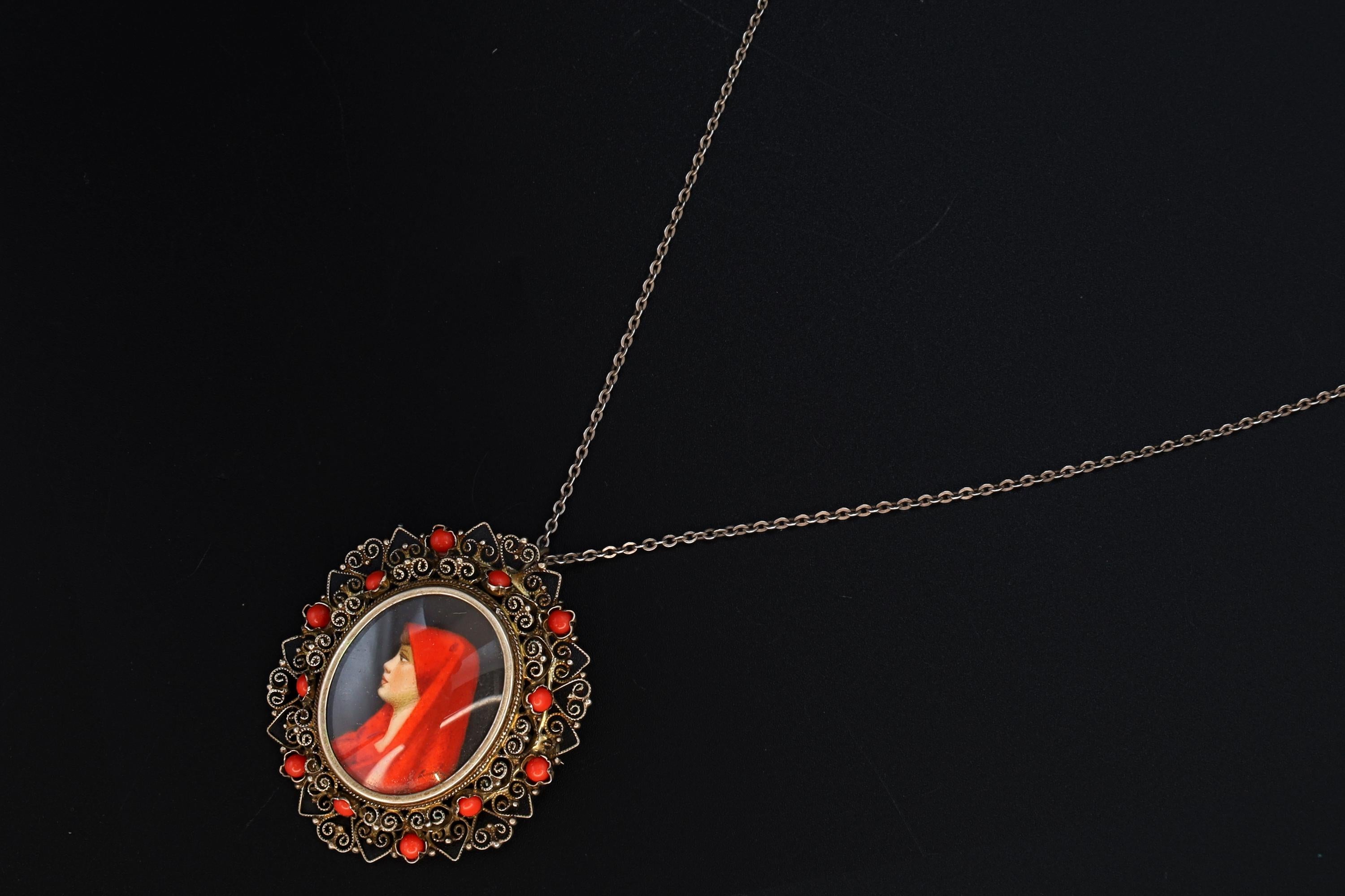 Saint Fabiola Of Rome, Antique 800 Silver Brooch Pin With A Hand Painted Religious Icon Medaillon, Italy 925 Silver Rolo Chain Jewelry