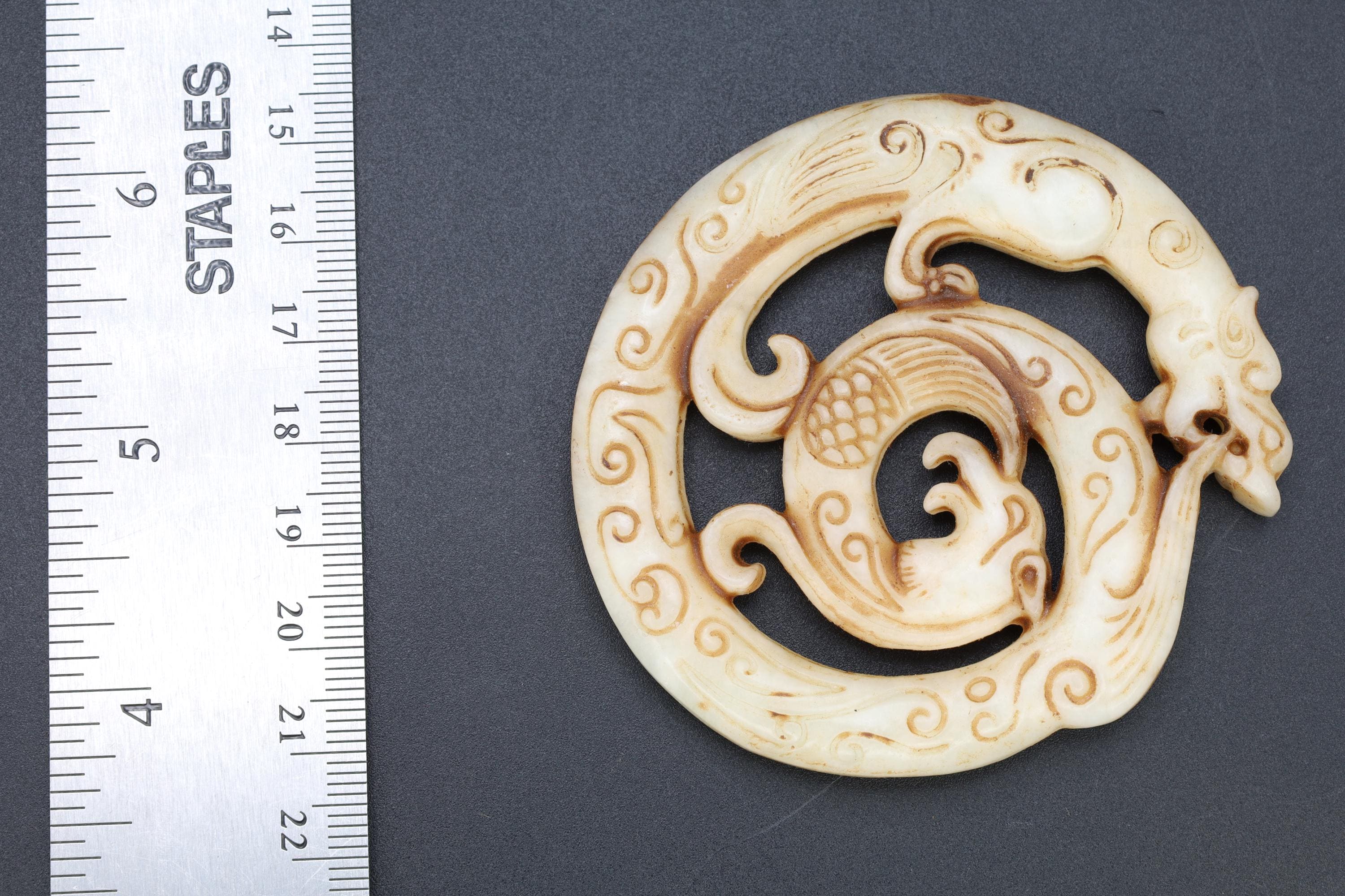 Chinese Round Amulet, Carved Stone Dragon And Phoenix Mythological Animals, Two Sided Round Pendant, Feng Shui, Oriental Asian Accessories