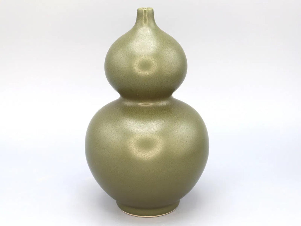 Fine Dark Olive Glazed Ceramic Vase In Gourd Shape, Late Qing Dynasty Or Republic, Semi Porcelain Vessel, Asian Oriental Home Decoration
