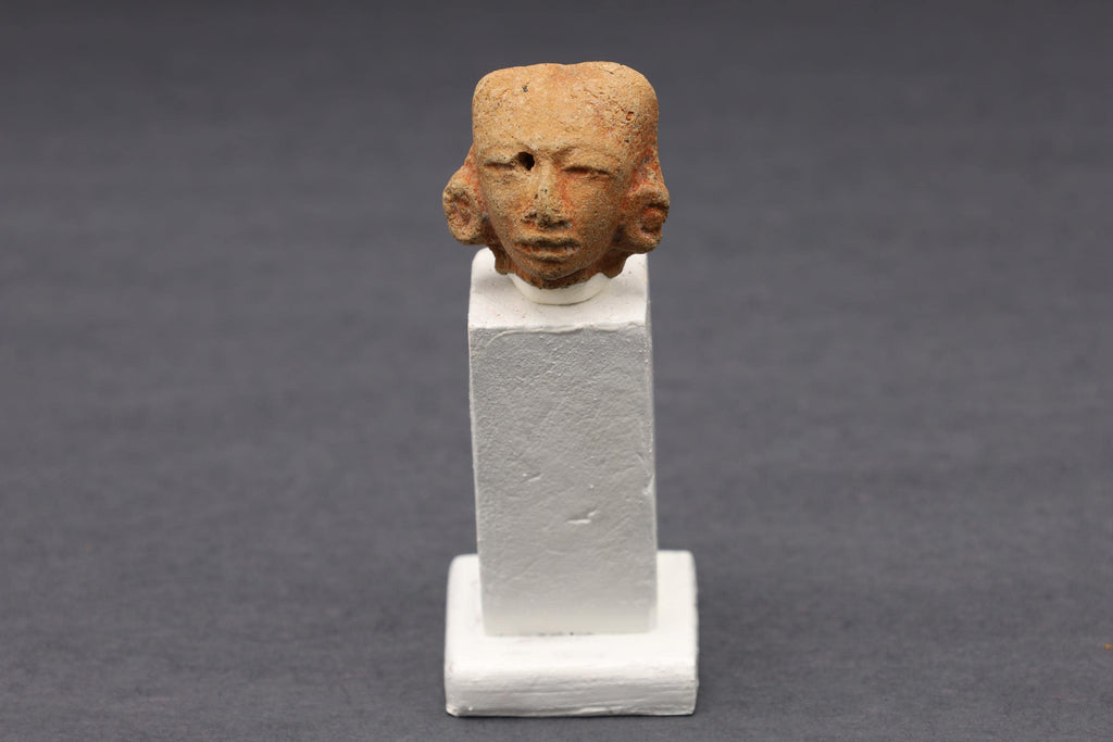 Maya Head Idol With Earrings, PreColumbian Ceramic Figurine, Mayan Campeche Classic Period Circa 950 AD, Prehispanic Mexico Antiquities Art