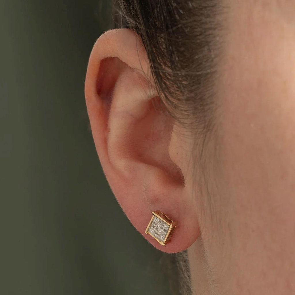 White Diamonds Grid, Small Baby Stud Earrings, Made Out With 10 Karats Yellow Gold And 32 Gemstones, Womens And Children Gold Jewelry
