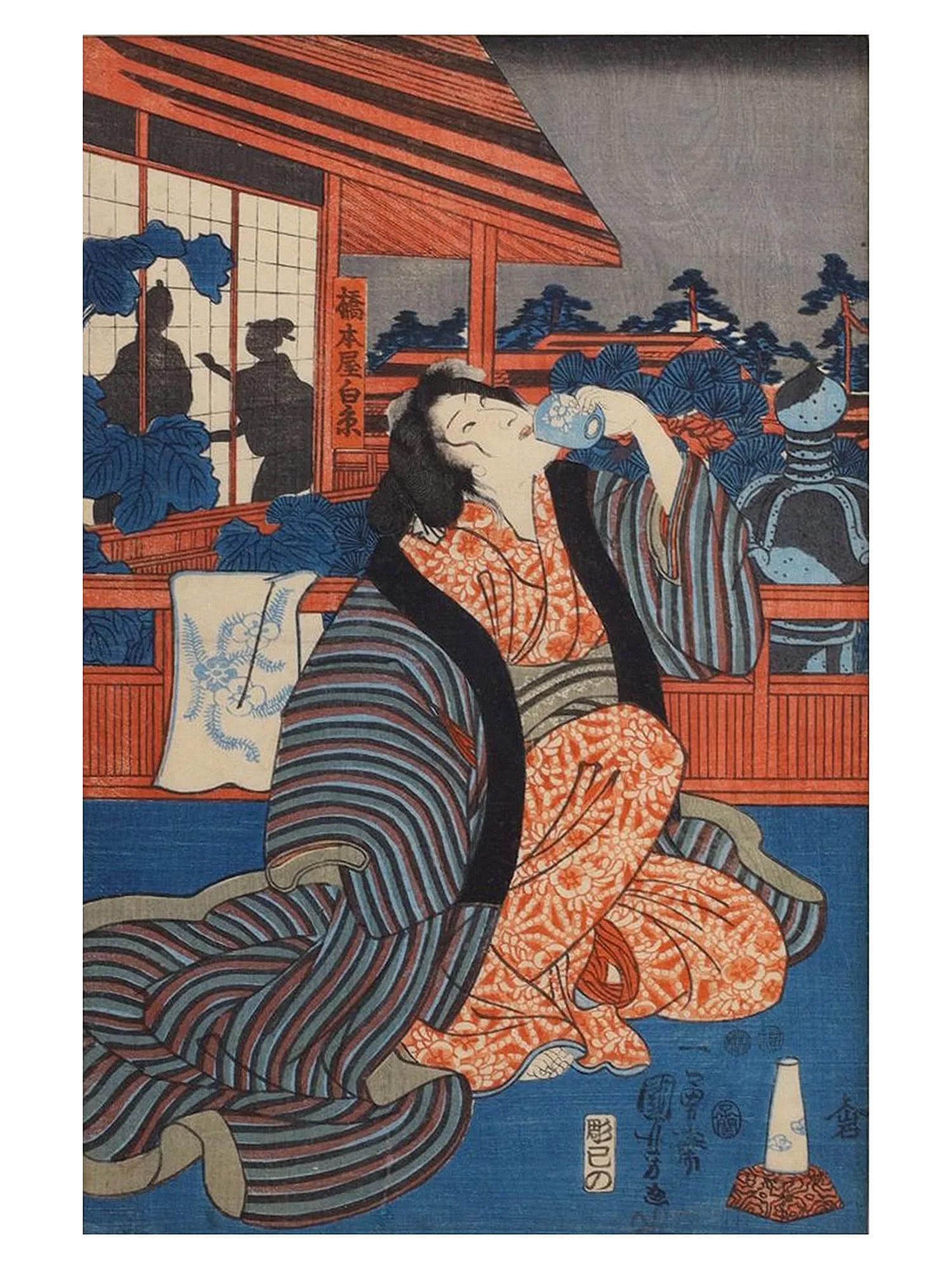 Utagawa Kuniyoshi, Figure Drinking On A Tavern Terrace At Nigh, Antique Ukiyo-e Artwork, Japan Late Edo Period 19th Century