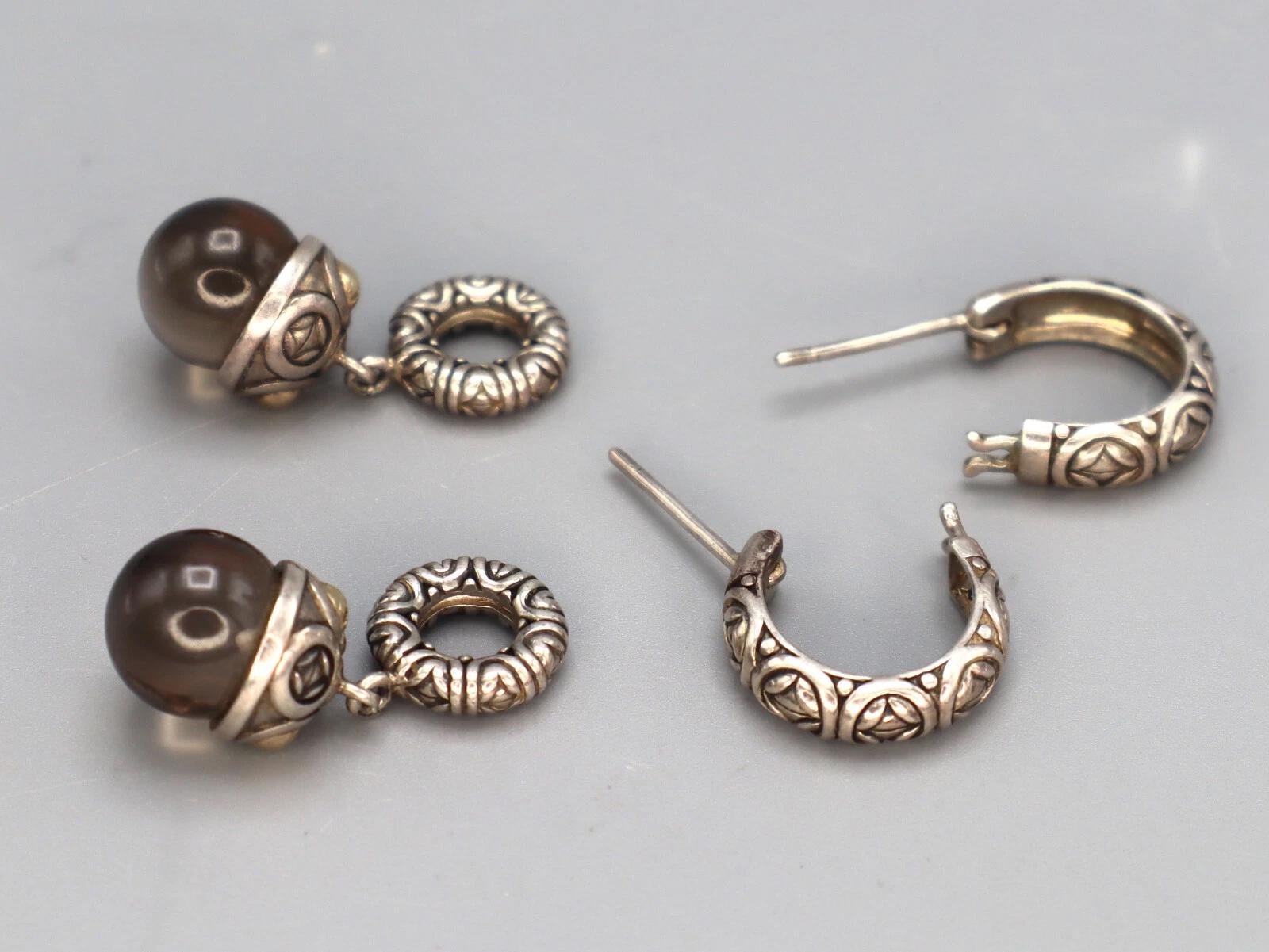 Vintage Jewelry, A 925 Sterling And 14 karats Yellow Gold Earrings, Round Smoky Quartz Ball Accent, Dangle Hook Earrings