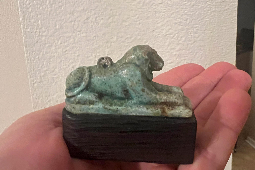 Extremely RARE, Ancient Egyptian Faience Amulet Of A Recumbent Lion Maahes, Late Dynastic Period, Circa 332 BCE. Lying As A Sphinx On Plinth