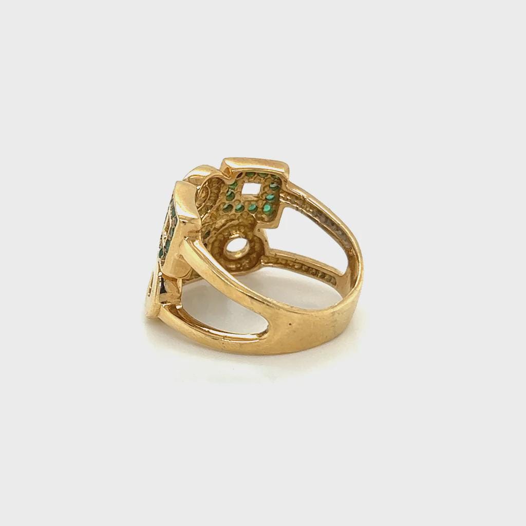 Statement Ring For Woman, 18 Karat Yellow Gold Ring Size 9 With Green Emeralds And A Geometric Design, Weight 11.30 Grams