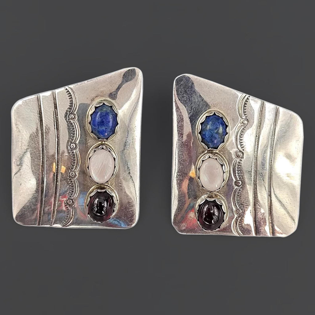 Vintage Navajo Stud Earrings With Stones, Native American Jewelry Art Signed By A Master Silversmith Boyd Chee. Dated Circa 1980s