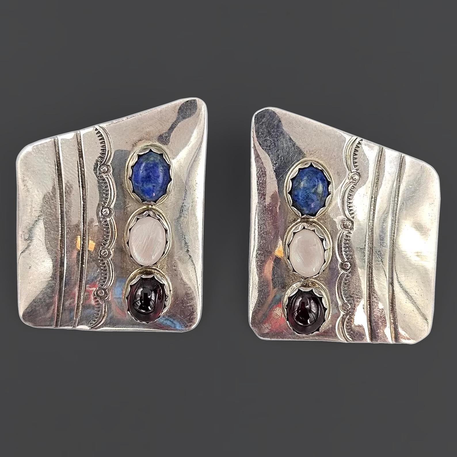 Vintage Navajo Stud Earrings With Stones, Native American Jewelry Art Signed By A Master Silversmith Boyd Chee. Dated Circa 1980s