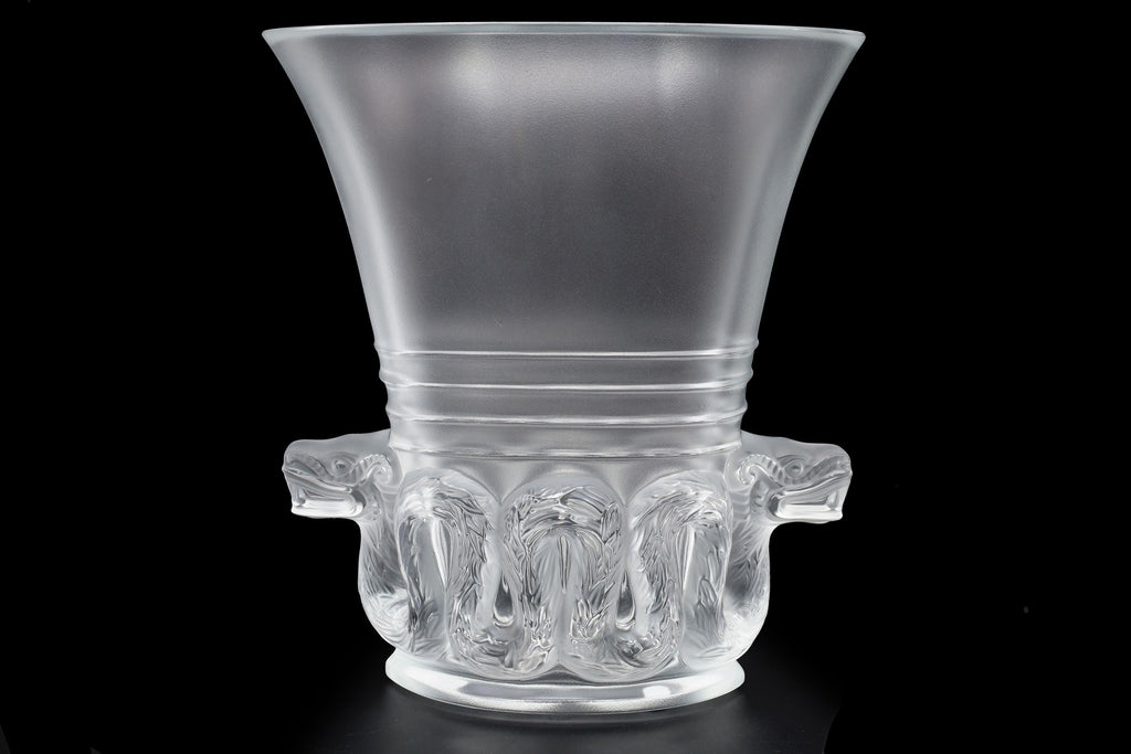 Rene Lalique, Aztec Quetzalcoatl Floral Vase, Clear And Frosted Glass France. Art Deco Style Vessel With Mesoamerican Motifs, Mayan Kukulkan