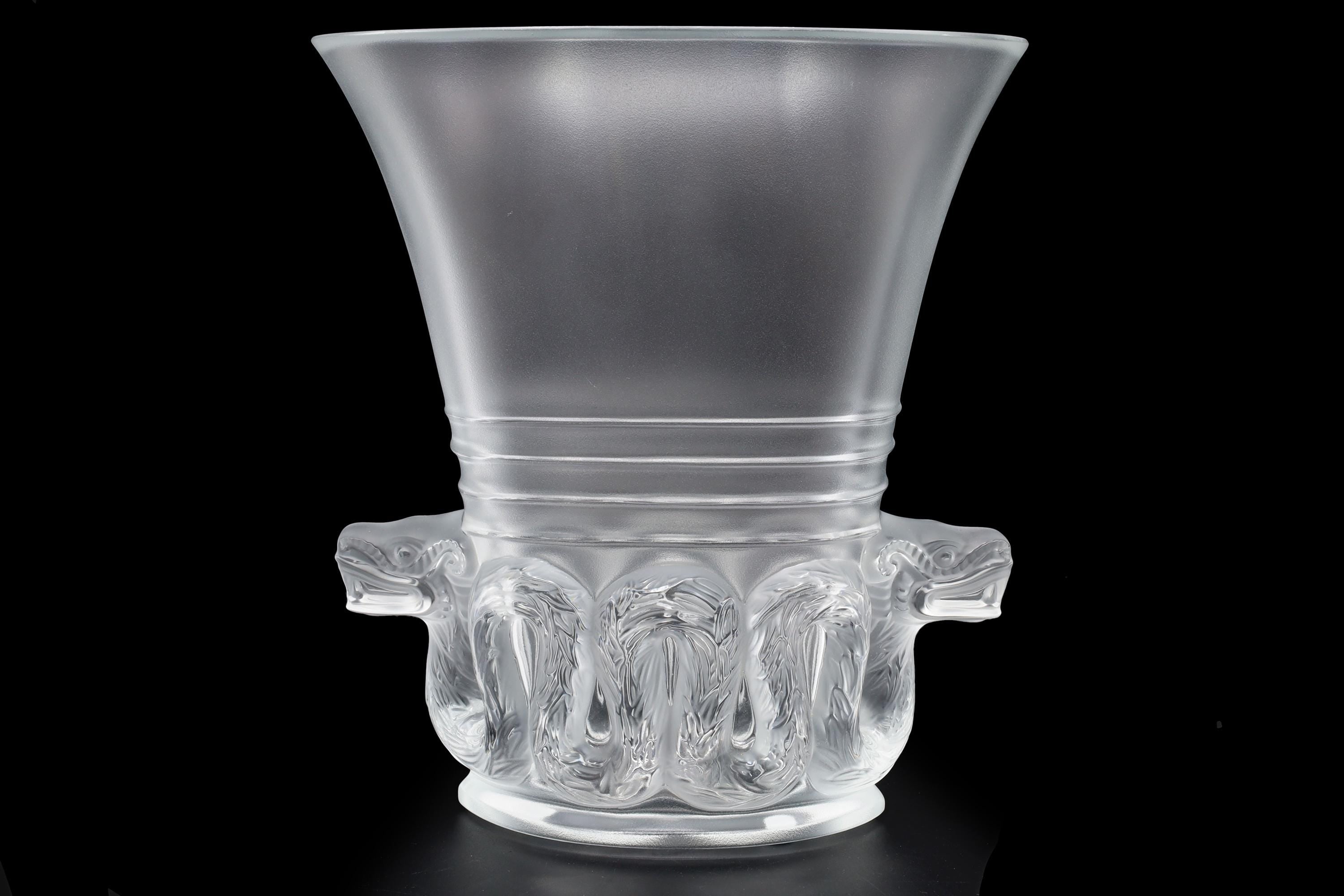 Rene Lalique, Aztec Quetzalcoatl Floral Vase, Clear And Frosted Glass France. Art Deco Style Vessel With Mesoamerican Motifs, Mayan Kukulkan