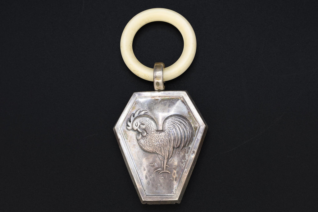 Vintage 1950s Rattle, Portuguese 833 Silver Baby Rattle, Rooster Cock Bird Embossed Rattle With Celluloid Teething Ring, Toys Collectibles