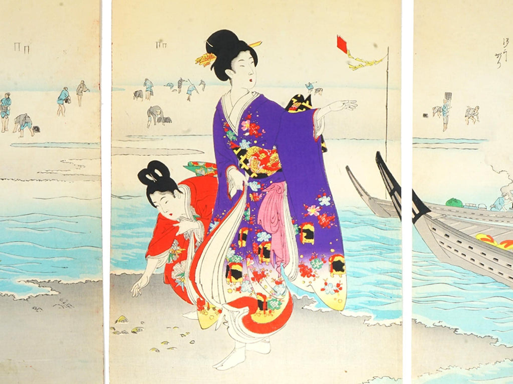 Clam Digging, Antique 1897 Triptych Of Ukiyo-e Color Woodblock Print By Chikanobu Yoshu, East Asia Oriental Art Print Collectibles