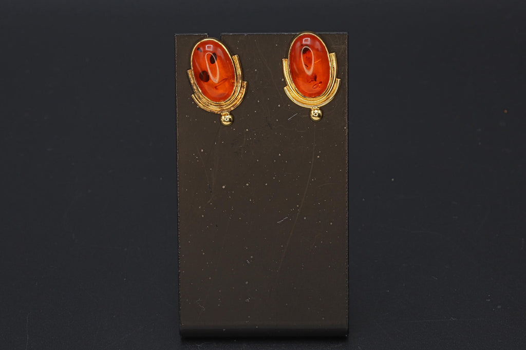 Large Stud Earrings, Gilt 925 Sterling Silver And Amber Resin Cabochon, Modernist Design With Fruit Shape, Retro Fashion Accessories