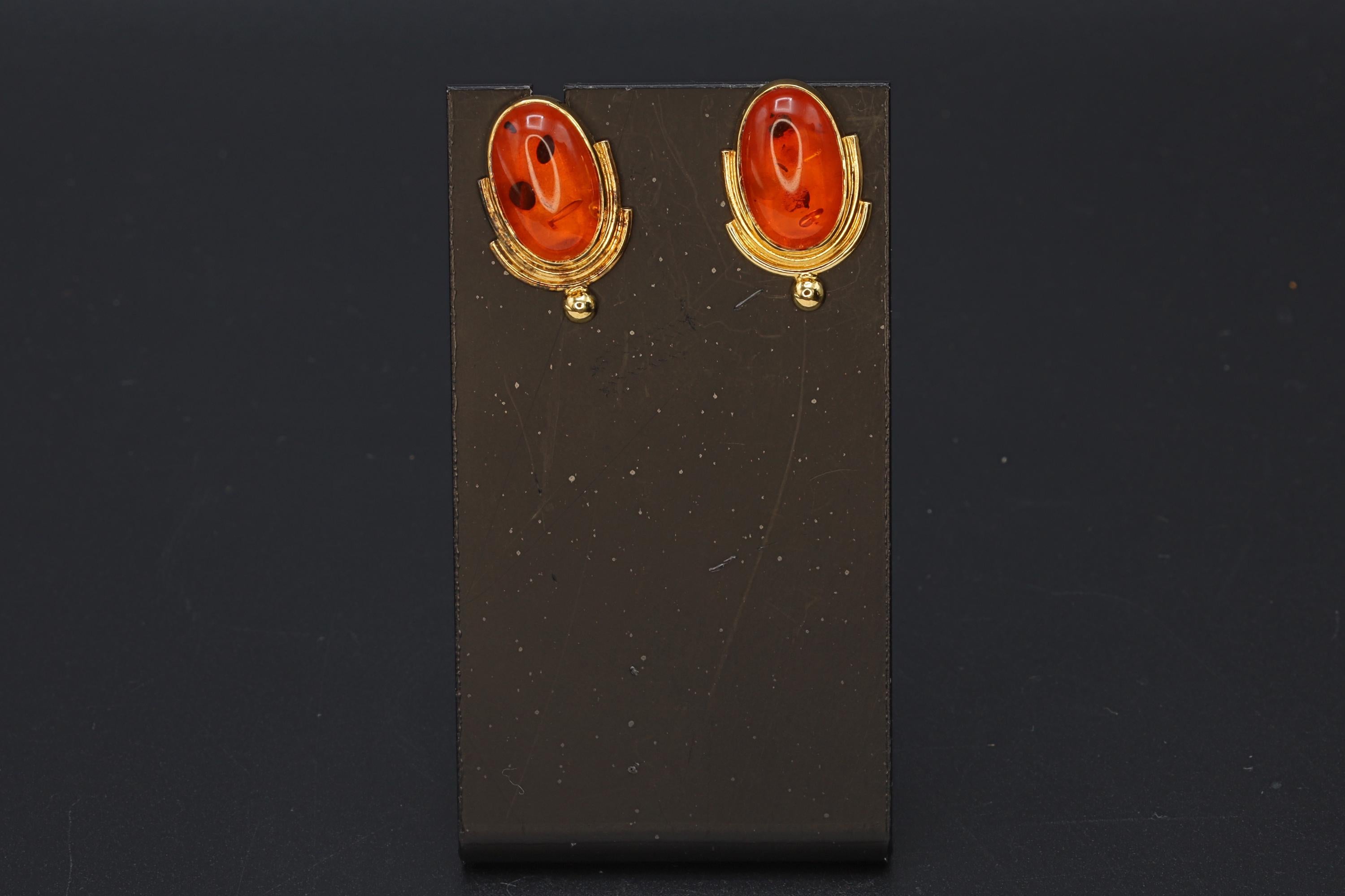 Large Stud Earrings, Gilt 925 Sterling Silver And Amber Resin Cabochon, Modernist Design With Fruit Shape, Retro Fashion Accessories