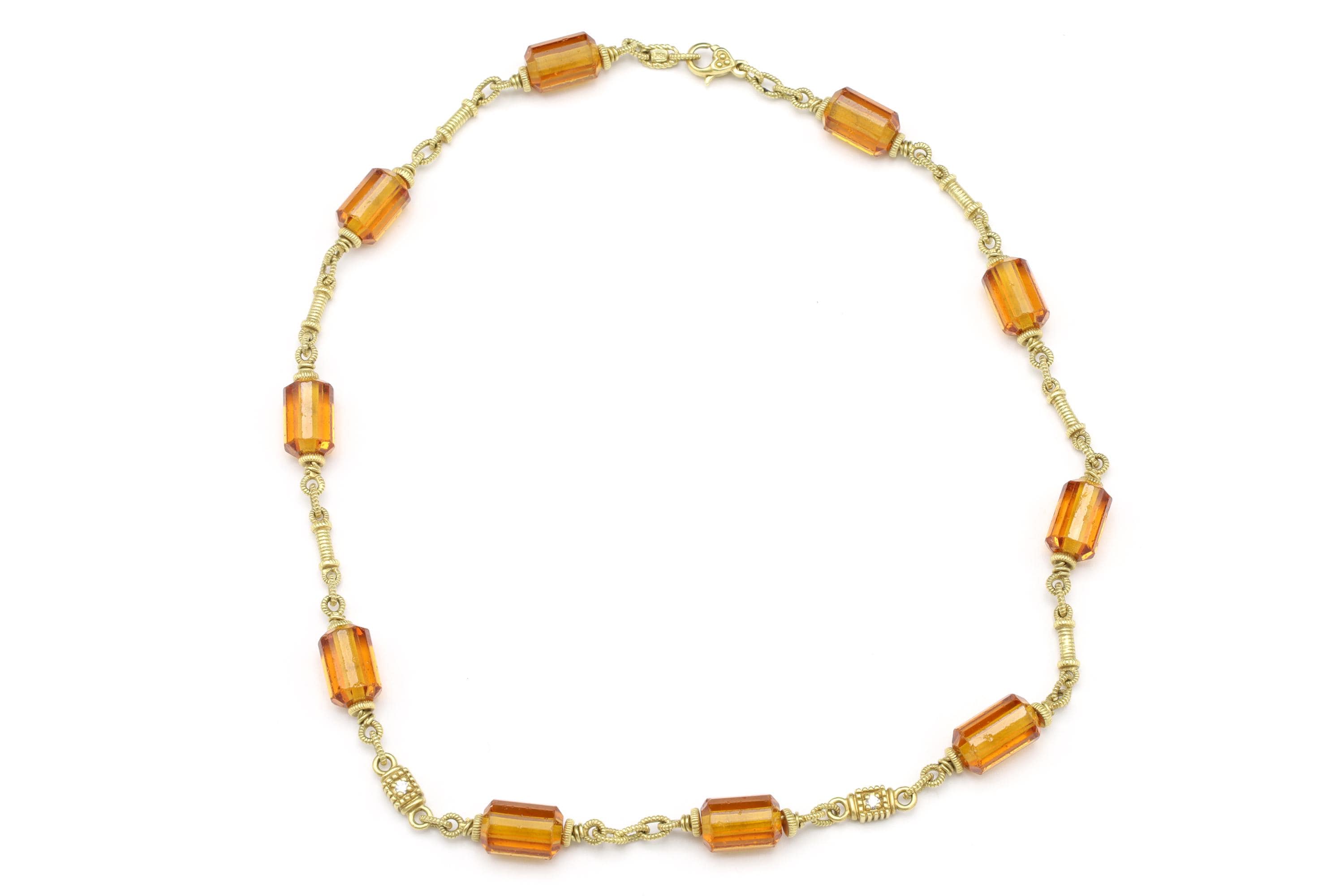 Judith Ripka Necklace, Clear White Diamonds, Orange Citrine Gemstones And 18 Karat Yellow Gold Links And 18K Chain, Luxury Jewelry Brands