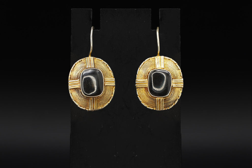 Art Deco Wire Drop Earrings, Gold Gilt Silver And Black Onyx Earrings, Vermeil Over Sterling, Jewelry In The Victorian Era Style Fashion