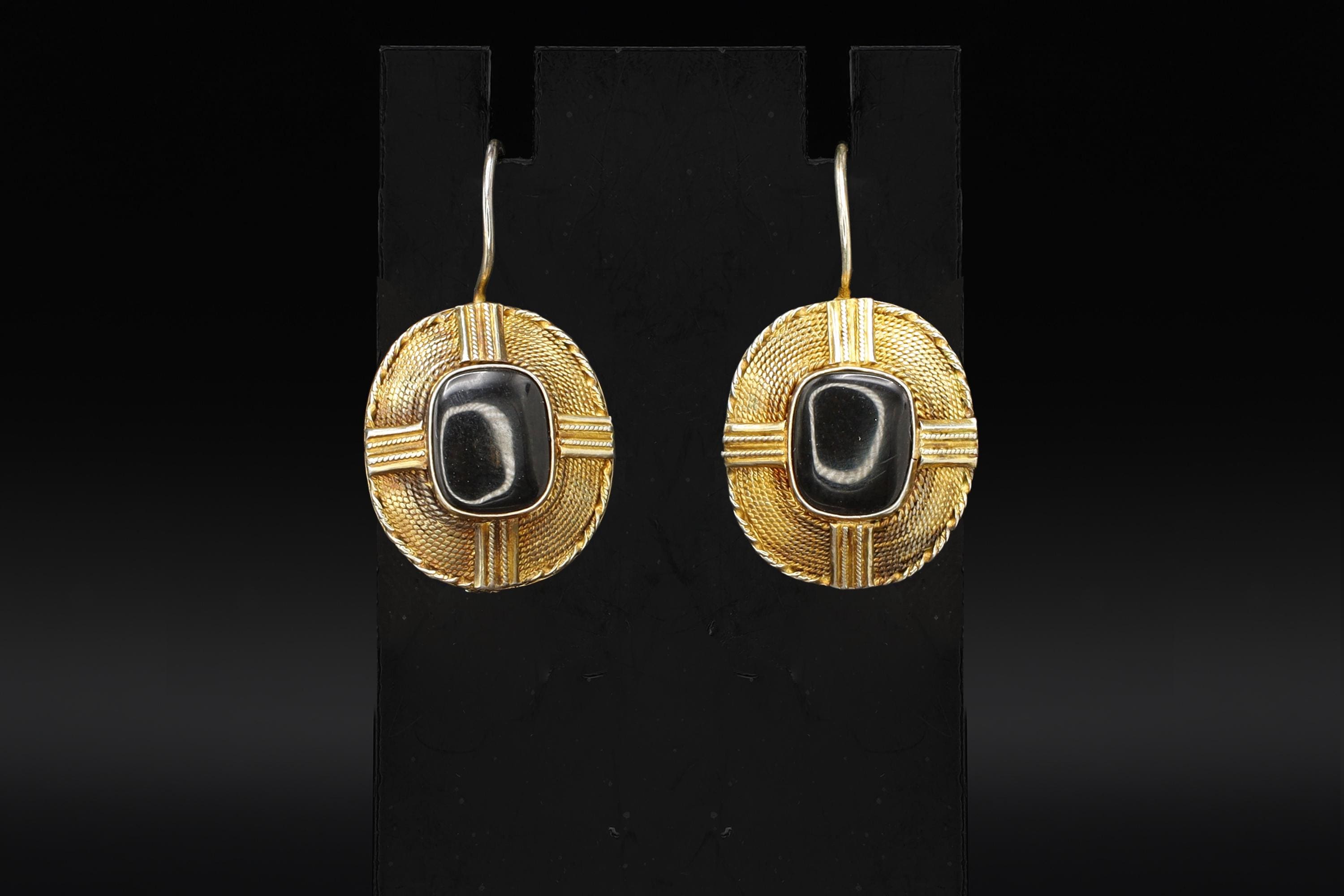 Art Deco Wire Drop Earrings, Gold Gilt Silver And Black Onyx Earrings, Vermeil Over Sterling, Jewelry In The Victorian Era Style Fashion