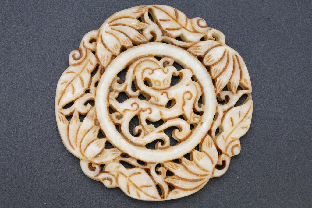 Chinese Round Amulet, Carved Stone BI DISC Mythological Animals, Two Sided Round Pendant With Dragon, Feng Shui, Oriental Asian Accessories