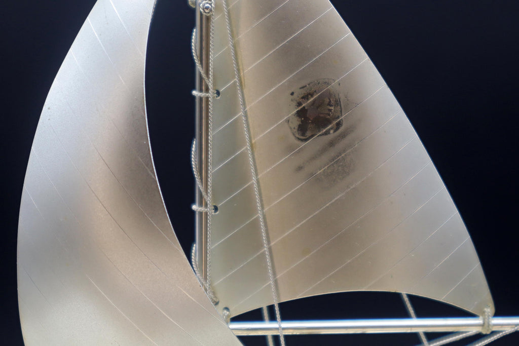 Vintage Handmade And Finely Detailed Silver Electroplated Model Of A Sailing Ship, Sports Boat Sculpture By Japanese Artist Seki Takehiko
