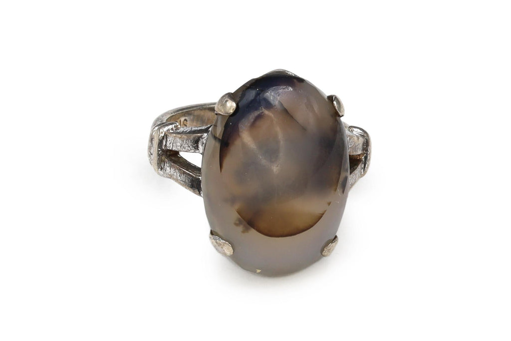 Clark and Coombs Jewelry, Sterling Silver And Moss Agate Ring Size 4 With Jeweler Hallmarks, Art Deco Fashion Accessories, Retro Americana