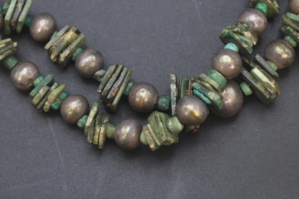 Ancient Pre-Columbian Gemstone Beads Collection, 14th Century AD Inca Aymara Beaded Necklace In Two Strands With Sterling Spacers